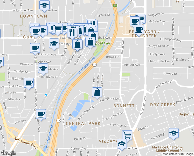 map of restaurants, bars, coffee shops, grocery stores, and more near 52 Palomar Real in Campbell