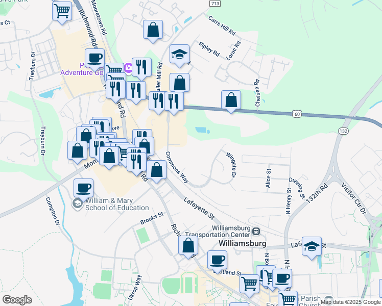 map of restaurants, bars, coffee shops, grocery stores, and more near 107 Stratford Drive in Williamsburg
