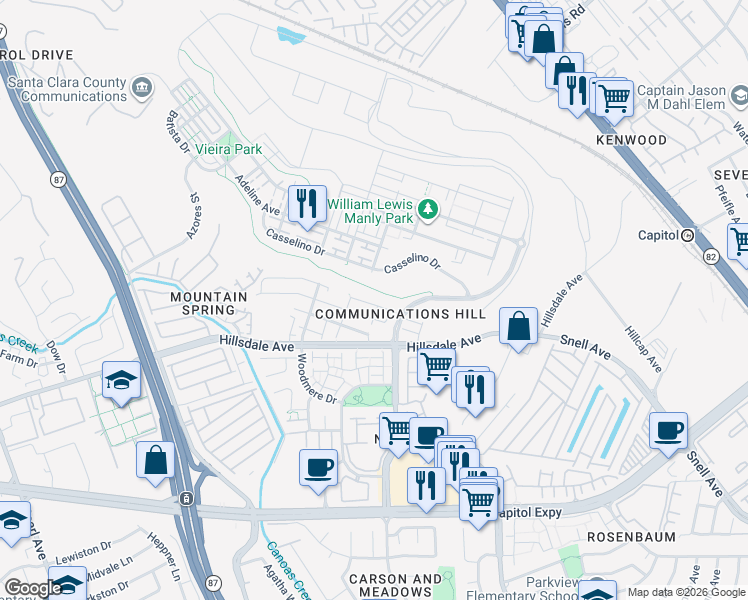 map of restaurants, bars, coffee shops, grocery stores, and more near 304 Casselino Drive in San Jose
