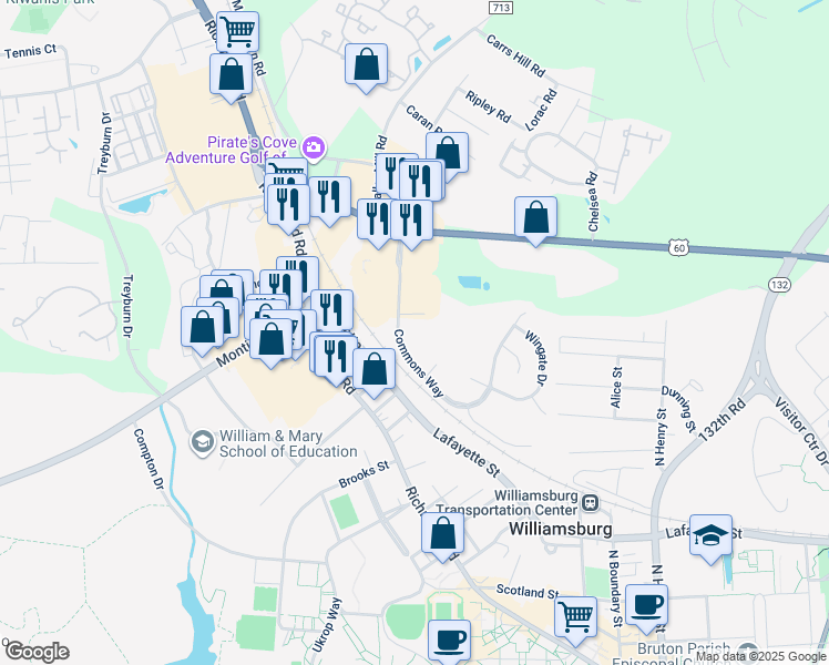 map of restaurants, bars, coffee shops, grocery stores, and more near 101 Stratford Drive in Williamsburg