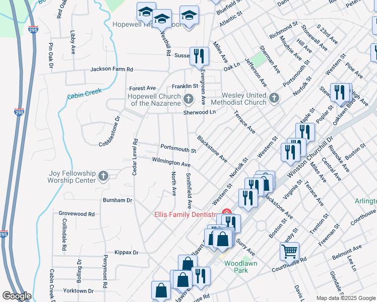 map of restaurants, bars, coffee shops, grocery stores, and more near 3402 Portsmouth Street in Hopewell