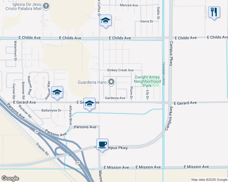 map of restaurants, bars, coffee shops, grocery stores, and more near 453 Daffodil Drive in Merced