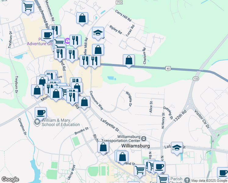 map of restaurants, bars, coffee shops, grocery stores, and more near 106 Marshall Way in Williamsburg