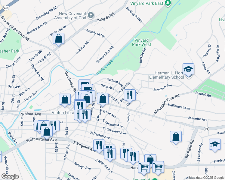 map of restaurants, bars, coffee shops, grocery stores, and more near 281 Gunn Avenue in Vinton