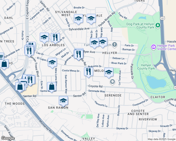 map of restaurants, bars, coffee shops, grocery stores, and more near 4136 Senter Road in San Jose