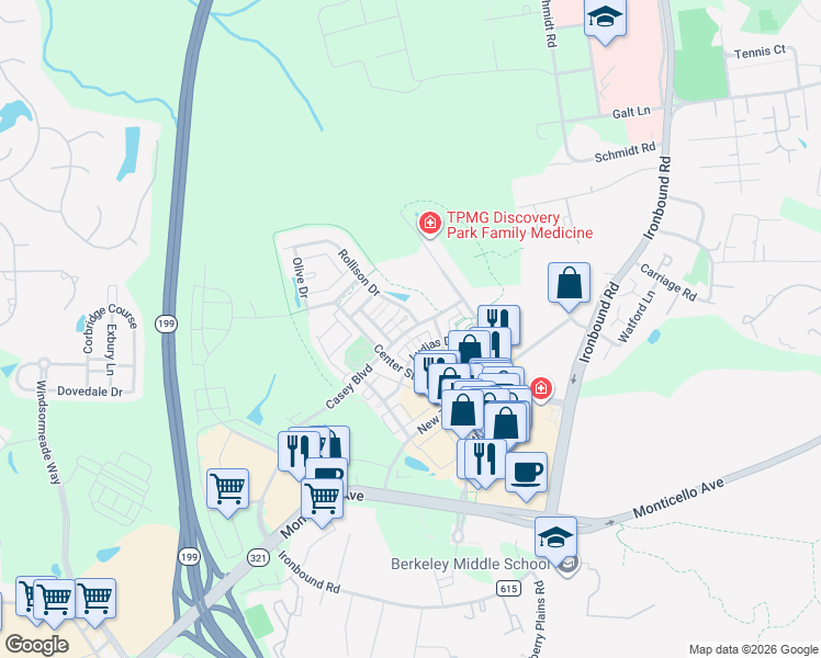 map of restaurants, bars, coffee shops, grocery stores, and more near 4302 Casey Boulevard in Williamsburg