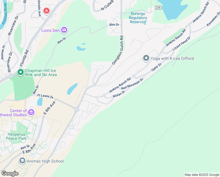 map of restaurants, bars, coffee shops, grocery stores, and more near 195-197 Hillcrest Drive in Durango