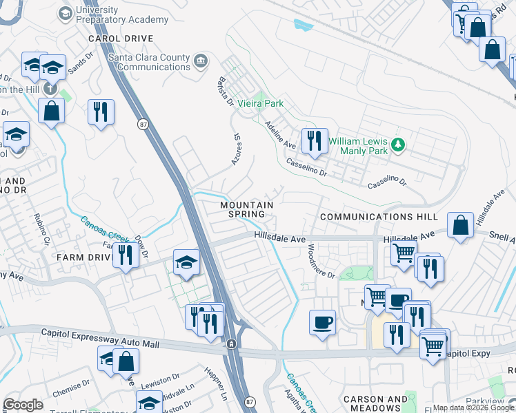 map of restaurants, bars, coffee shops, grocery stores, and more near 3051 Teal Ridge Court in San Jose