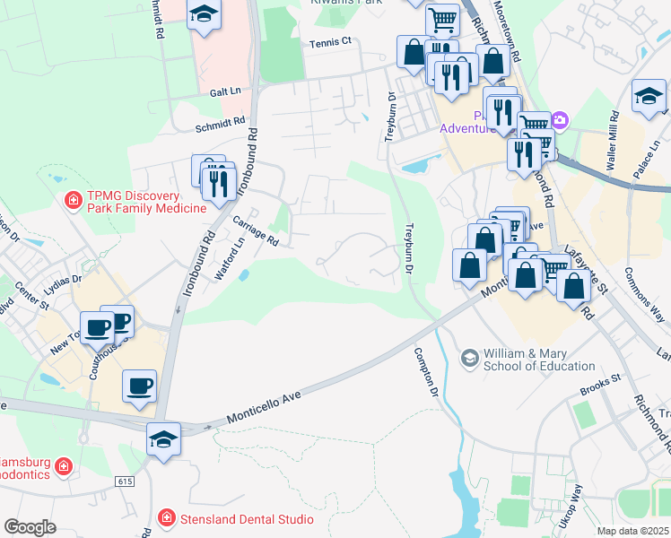 map of restaurants, bars, coffee shops, grocery stores, and more near 3900 Windbrook Lane in Williamsburg