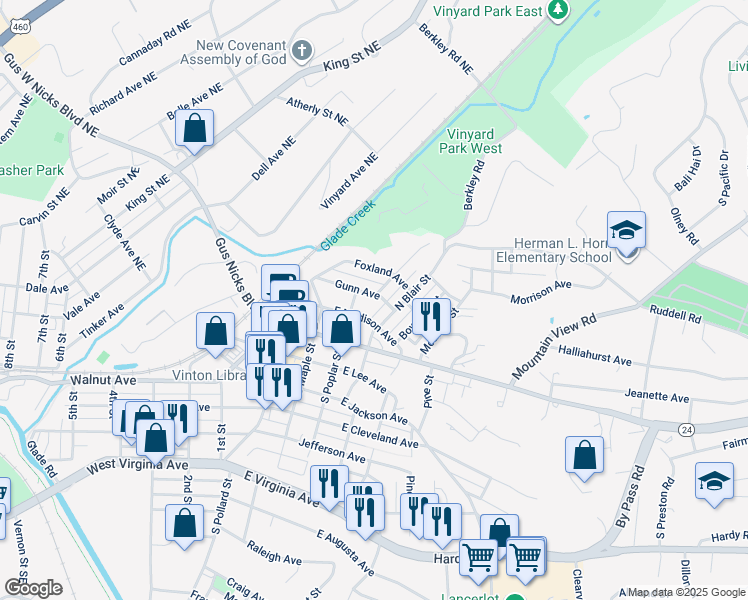 map of restaurants, bars, coffee shops, grocery stores, and more near 281 Gunn Avenue in Vinton