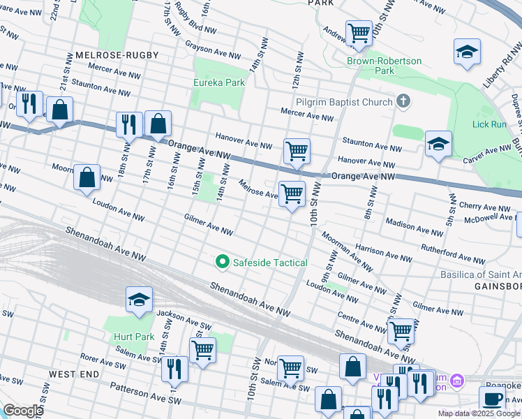 map of restaurants, bars, coffee shops, grocery stores, and more near 1202-1206 Melrose Avenue Northwest in Roanoke