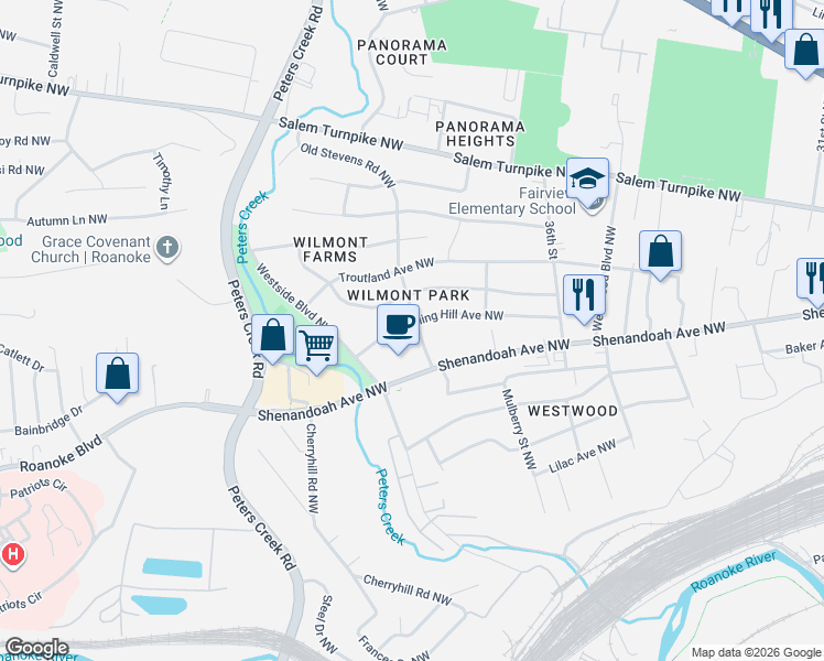 map of restaurants, bars, coffee shops, grocery stores, and more near 3761 Rolling Hill Avenue Northwest in Roanoke