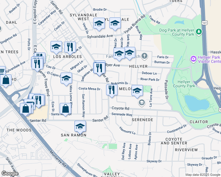 map of restaurants, bars, coffee shops, grocery stores, and more near 4136 Senter Road in San Jose
