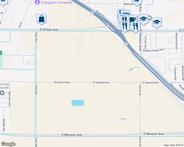 map of restaurants, bars, coffee shops, grocery stores, and more near 1192 East Gerard Avenue in Merced