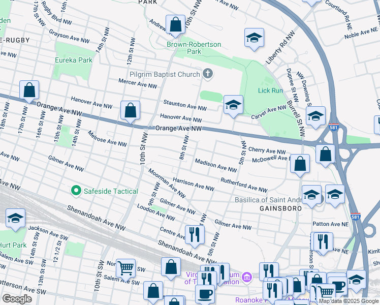 map of restaurants, bars, coffee shops, grocery stores, and more near 709 Madison Avenue Northwest in Roanoke