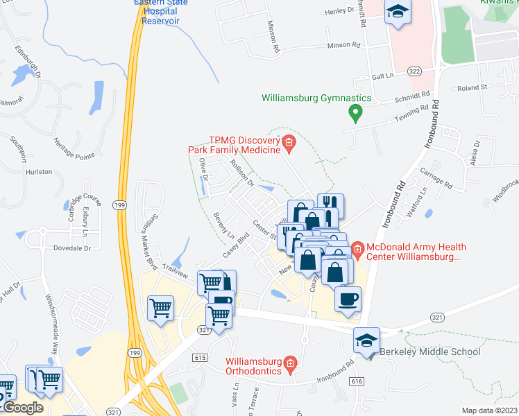 map of restaurants, bars, coffee shops, grocery stores, and more near 4420 Betty Lane in Williamsburg