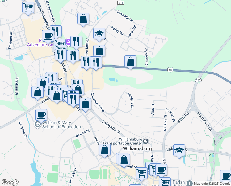 map of restaurants, bars, coffee shops, grocery stores, and more near 106 Marshall Way in Williamsburg