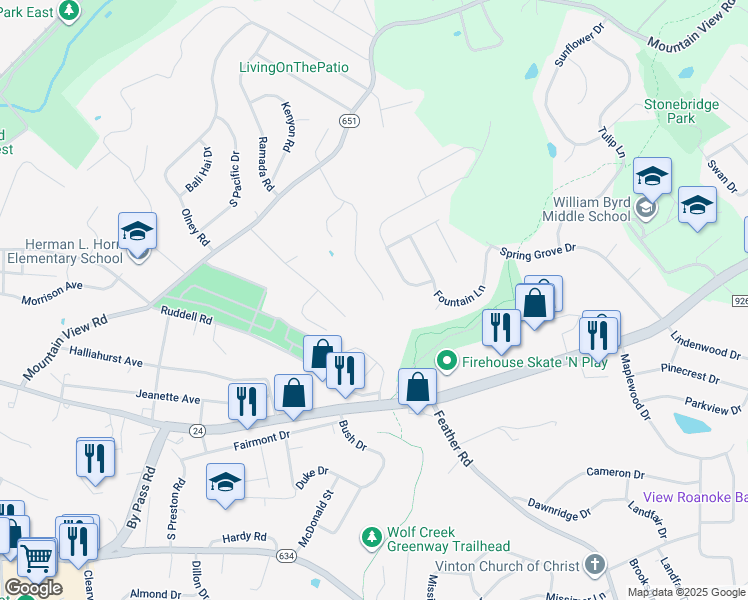 map of restaurants, bars, coffee shops, grocery stores, and more near 1773 Meadows Road in Vinton