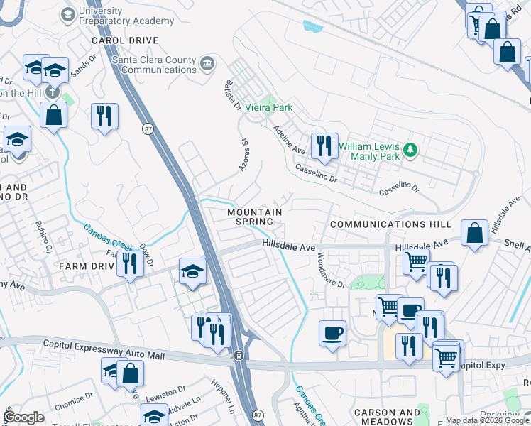 map of restaurants, bars, coffee shops, grocery stores, and more near 3051 Teal Ridge Court in San Jose