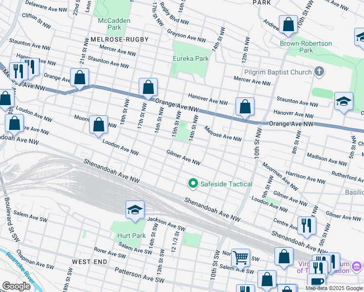 map of restaurants, bars, coffee shops, grocery stores, and more near 1412 Moorman Avenue Northwest in Roanoke
