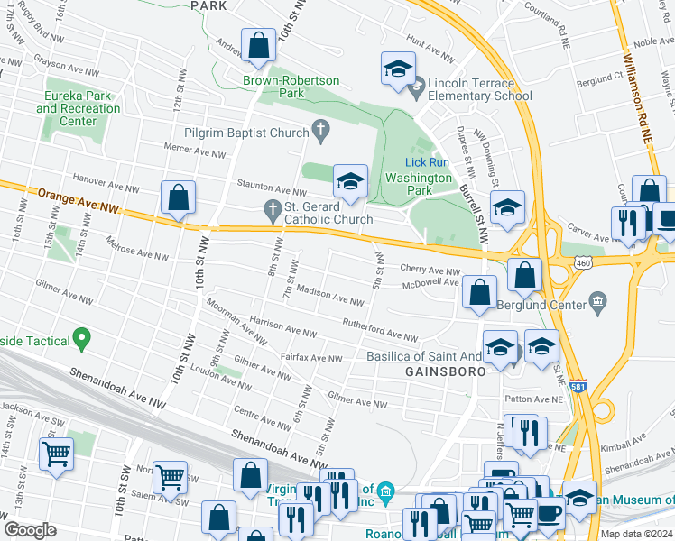 map of restaurants, bars, coffee shops, grocery stores, and more near 541 McDowell Avenue Northwest in Roanoke
