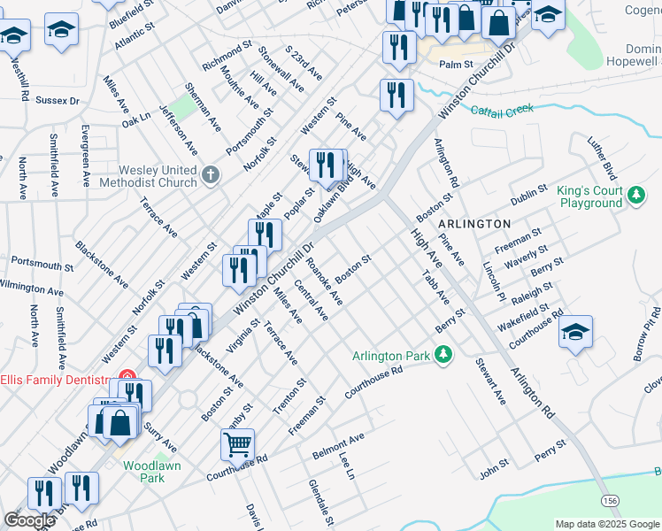 map of restaurants, bars, coffee shops, grocery stores, and more near 2806 Virginia Street in Hopewell