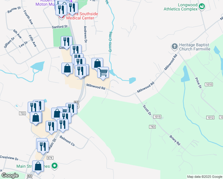 map of restaurants, bars, coffee shops, grocery stores, and more near 1402 Milnwood Road in Farmville