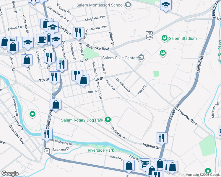map of restaurants, bars, coffee shops, grocery stores, and more near 911 Ohio Street in Salem