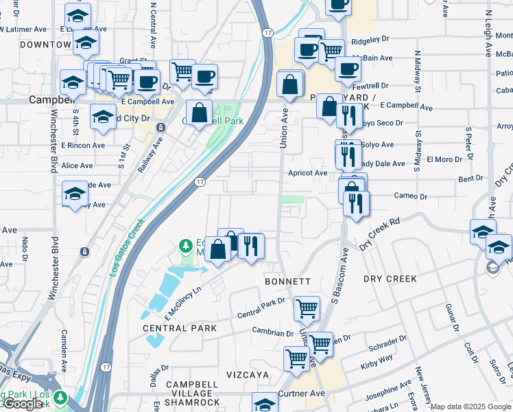 map of restaurants, bars, coffee shops, grocery stores, and more near 245 Union Avenue in Campbell