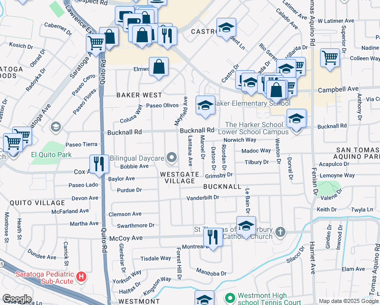 map of restaurants, bars, coffee shops, grocery stores, and more near Lantana Avenue in San Jose