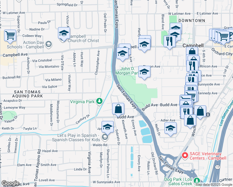 map of restaurants, bars, coffee shops, grocery stores, and more near 605 Corliss Way in Campbell