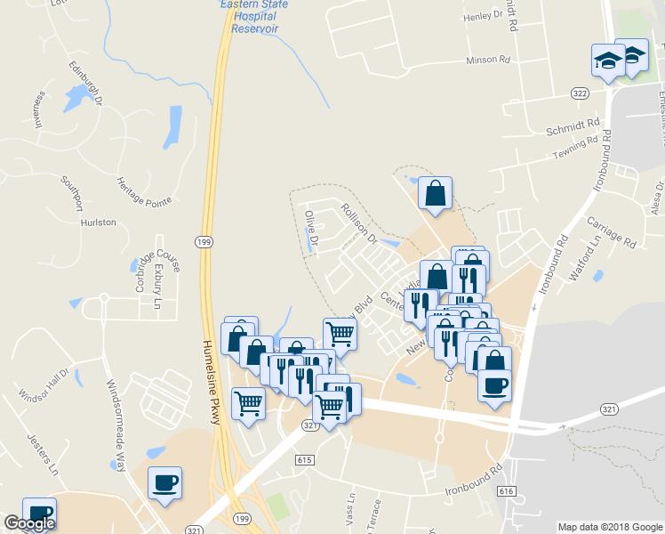 map of restaurants, bars, coffee shops, grocery stores, and more near 4322 Candace Lane in Williamsburg