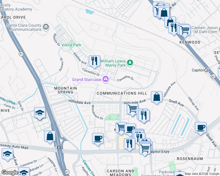 map of restaurants, bars, coffee shops, grocery stores, and more near 304 Casselino Drive in San Jose