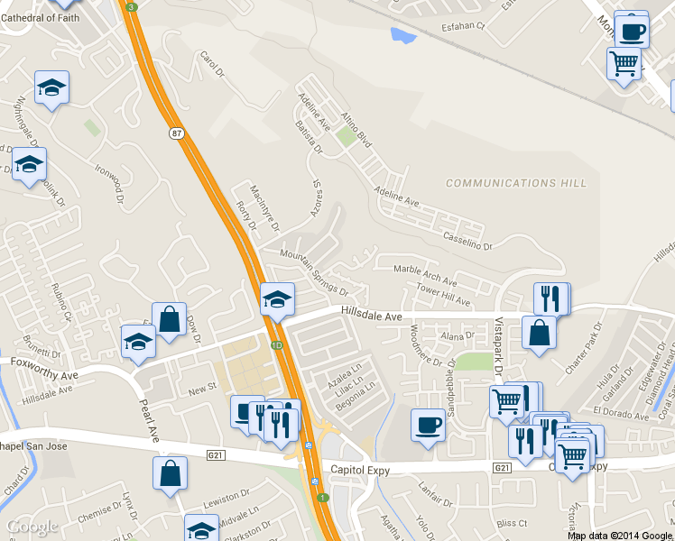 map of restaurants, bars, coffee shops, grocery stores, and more near 3051 Teal Ridge Court in San Jose