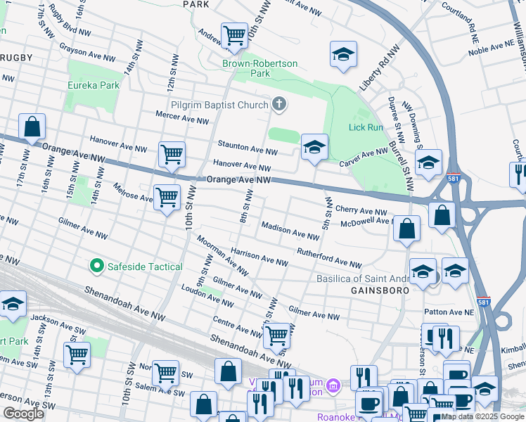 map of restaurants, bars, coffee shops, grocery stores, and more near 701 McDowell Avenue Northwest in Roanoke