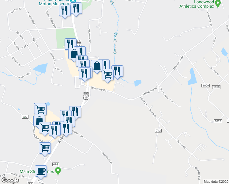 map of restaurants, bars, coffee shops, grocery stores, and more near 1402 Milnwood Road in Farmville