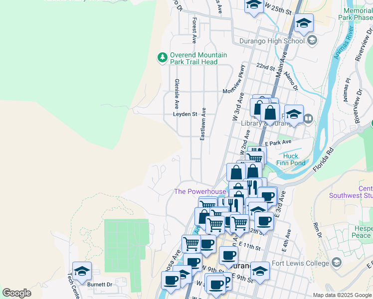 map of restaurants, bars, coffee shops, grocery stores, and more near 705 Kearney St in Durango