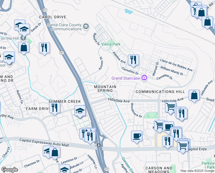 map of restaurants, bars, coffee shops, grocery stores, and more near 3101 Heather Ridge Drive in San Jose