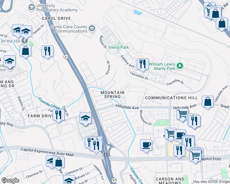 map of restaurants, bars, coffee shops, grocery stores, and more near 3101 Heather Ridge Drive in San Jose