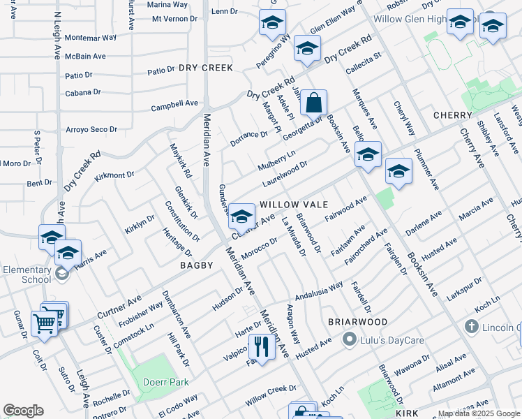 map of restaurants, bars, coffee shops, grocery stores, and more near 1715 Sweetbriar Drive in San Jose