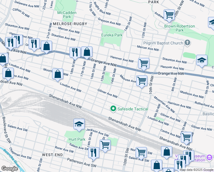 map of restaurants, bars, coffee shops, grocery stores, and more near 1412 Moorman Avenue Northwest in Roanoke