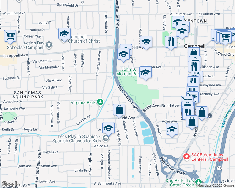 map of restaurants, bars, coffee shops, grocery stores, and more near 605 Corliss Way in Campbell