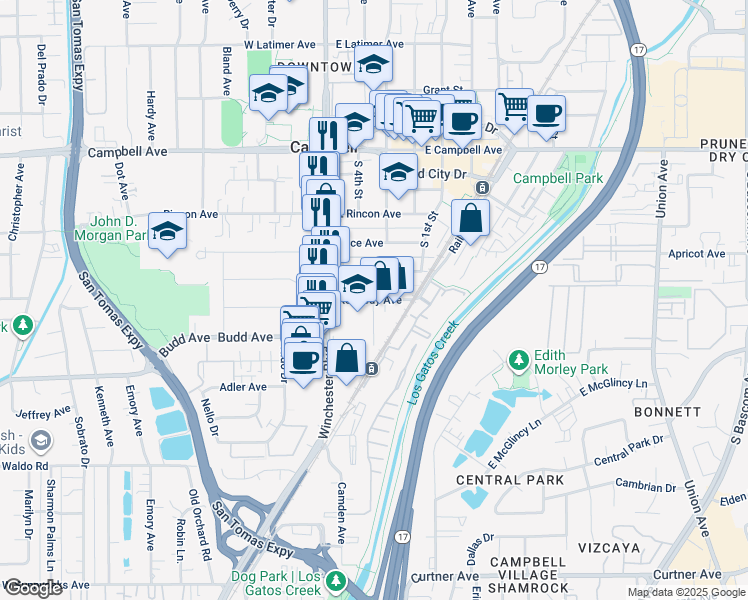 map of restaurants, bars, coffee shops, grocery stores, and more near Kennedy Avenue in Campbell