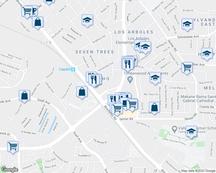 map of restaurants, bars, coffee shops, grocery stores, and more near 84 Rancho Drive in San Jose