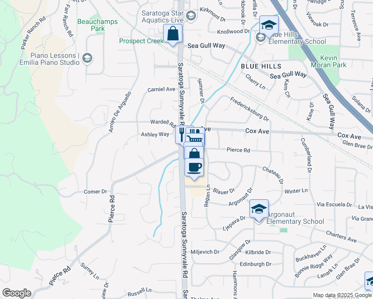 map of restaurants, bars, coffee shops, grocery stores, and more near 12795 Saratoga Sunnyvale Road in Saratoga