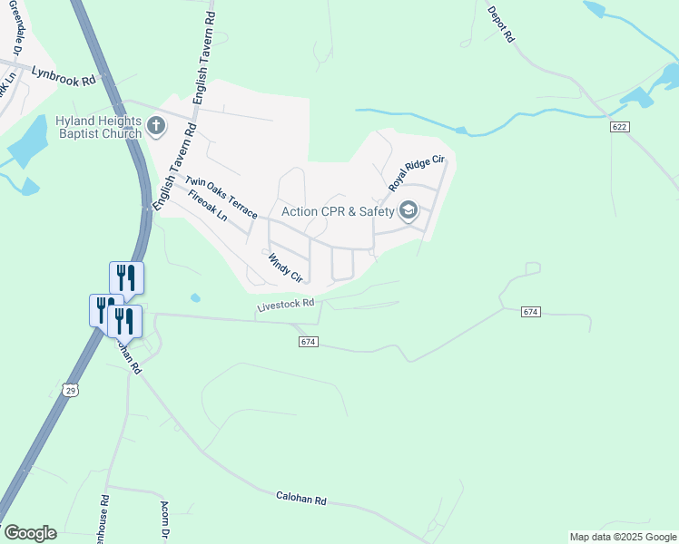 map of restaurants, bars, coffee shops, grocery stores, and more near 176 Augusta Circle in Rustburg
