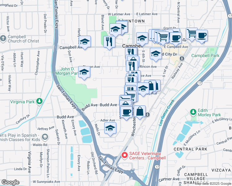 map of restaurants, bars, coffee shops, grocery stores, and more near 133 El Caminito Avenue in Campbell