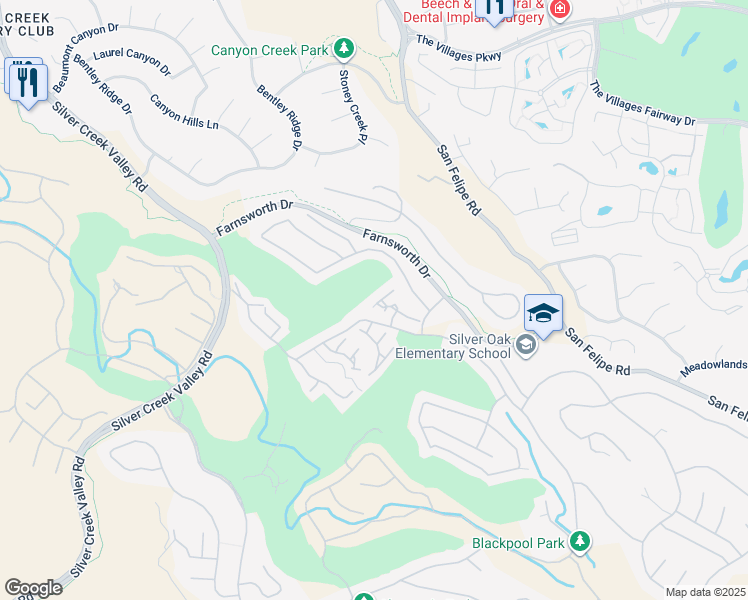 map of restaurants, bars, coffee shops, grocery stores, and more near 2313 Silver Breeze Court in San Jose