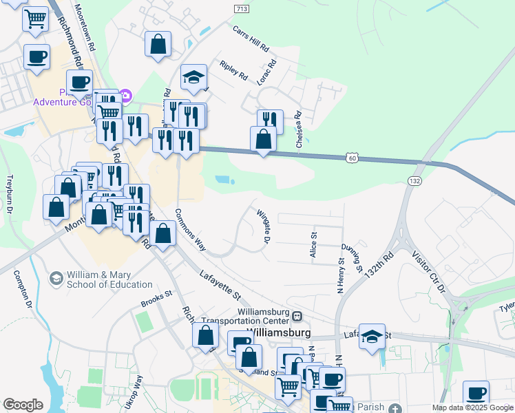 map of restaurants, bars, coffee shops, grocery stores, and more near 238 Wingate Drive in Williamsburg