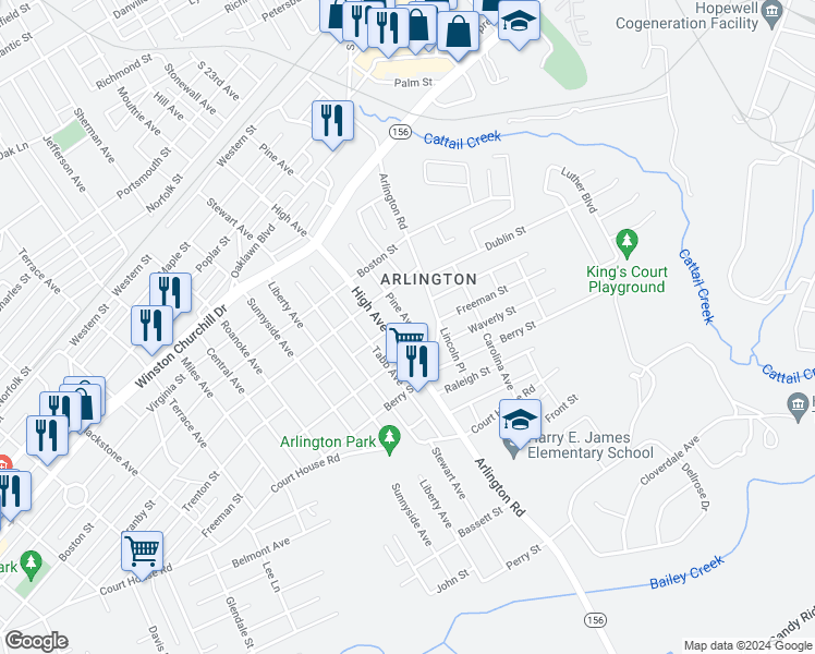 map of restaurants, bars, coffee shops, grocery stores, and more near 1408 Pine Avenue in Hopewell